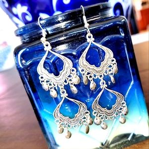 Chandelier earrings-Burnt silver toned- Arabesque dangle style